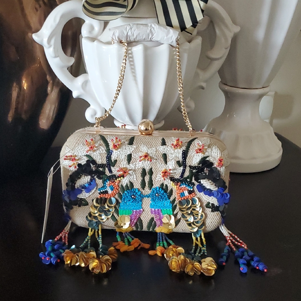 Anthropologie Blue and Purple Embroidered Clutch